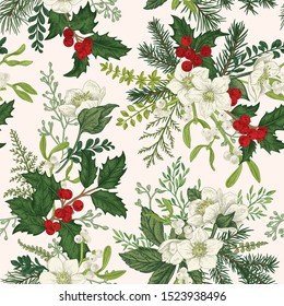 Christmas seamless pattern and winter floral   Vector botanical illustration  Colorful 