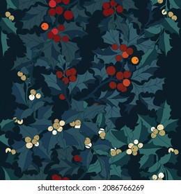 Christmas seamless pattern with winter floral. Vector botanical illustration. Colorful.