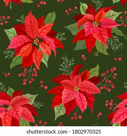 Christmas seamless pattern with Winter flower, Poinsettia, Mistletoe, branches of Rowan tree with Berries. Hand drawn floral vector illustration for wrapping paper, textile, fabric, print, wallpaper