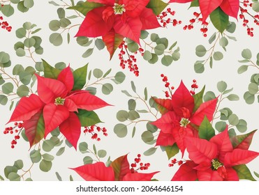 Christmas seamless pattern with Winter flower Poinsettia, Mistletoe, branches of Rowan tree with Berries. Realistic floral 3d vector illustration for wrapping paper, textile, fabric, print, wallpaper