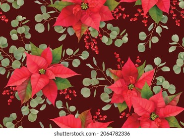 Patrón de Navidad sin fisuras con la flor de invierno Poinsettia, Mistletoe, ramas de árbol de Rowan con Berries. Ilustración vectorial 3d floral realista para envolver papel, textil, tela, papel impreso y papel pintado