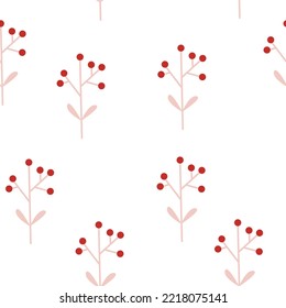 Christmas seamless pattern with winter flowers with berries. Holiday winter square pattern. White background. Cute illustration. Winter New Year wallpaper