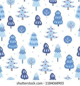 Christmas seamless pattern with winter forest and snowflakes on white background. Perfect for holiday invitations, winter greeting cards, wallpaper and gift paper 