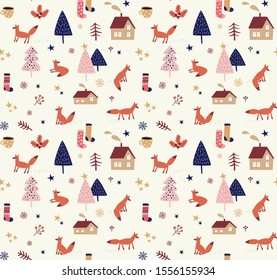 Christmas seamless pattern winter forest and foxes