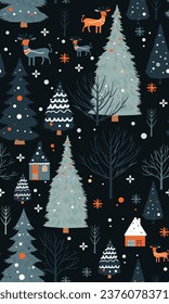 Christmas seamless pattern with winter forest and deer. Design for home screen wallpaper, prints, wrapping paper, cards, fabric. Vector illustration