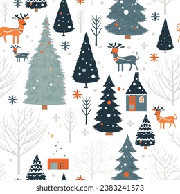 Christmas seamless pattern with winter forest and deer. Scandinavian design for home screen wallpaper, prints, wrapping paper, cards, fabric. Vector illustration