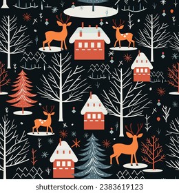 Christmas seamless pattern with winter forest and deer. Trendy retro style. Vector illustration