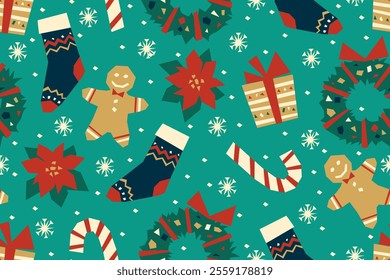 Christmas seamless pattern. Winter pattern with gingerbread man, gift, poinsettia, stocking, candy cane and wreath. Festive print on emerald background. Vector illustration.