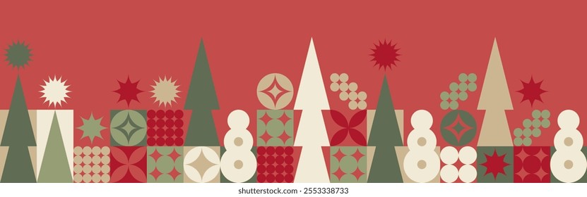 Christmas seamless pattern with winter green and burgundy figures, geometric fir trees in Scandinavian style. New Year fashionable canvas for textiles and wallpapers, gift design trend.
