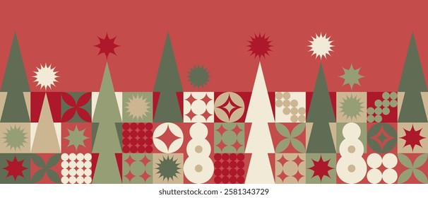 Christmas seamless pattern with winter green and burgundy figures, geometric fir trees in Scandinavian style. New Year fashionable canvas for textiles and wallpapers, gift design trend.
