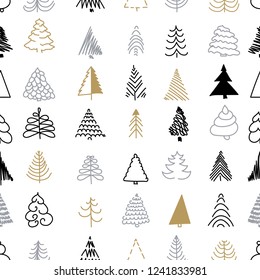Christmas seamless pattern. winter holiday decoration, silver and gold christmas trees modern background