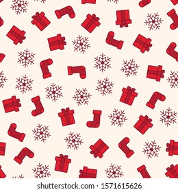 Christmas seamless pattern. Winter Holiday theme. Vector background with traditional symbols, gifts, Christmas socks, snowflakes. Cute endless texture. Red and white repeat design for print, decor