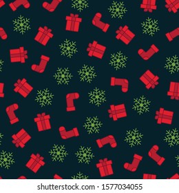 Christmas seamless pattern. Winter Holiday theme. Vector background with traditional symbols, gift boxes, Christmas socks, snowflakes. Cute modern endless texture. Repeat design for print, decor, wrap