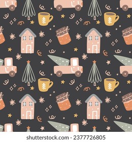 Christmas seamless pattern with winter holiday elements. Vector graphics for the design of wallpaper, wrapping paper, textiles, clothing, for prints on mugs, pillows, cases