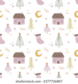 Christmas seamless pattern with winter holiday elements. Vector graphics for the design of wallpaper, wrapping paper, textiles, clothing, for prints on mugs, pillows, cases