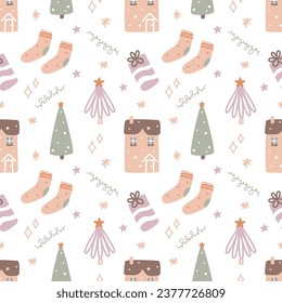 Christmas seamless pattern with winter holiday elements. Vector graphics for the design of wallpaper, wrapping paper, textiles, clothing, for prints on mugs, pillows, cases