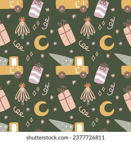 Christmas seamless pattern with winter holiday elements. Vector graphics for the design of wallpaper, wrapping paper, textiles, clothing, for prints on mugs, pillows, cases