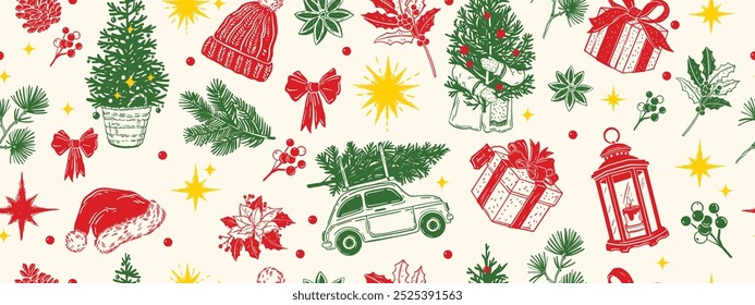 Navidades sin patrón, textura de vacaciones de invierno, agujas de Vector vintage Nuevo Año papel de embalaje. Rama de abeto, sombrero de Santa, bayas rojas, estrellas, caja de regalo, papel de aluminio sin fin de diciembre. Patrón de Navidades