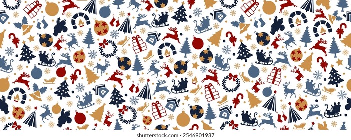 Natal sem emenda padrão. Fundo de férias de inverno com Xmas Toy, Deer, Ball. Ornamento vetorial feliz do ano novo para o design de férias. Modelo De Repetição Colorido Contínuo Xmas. Não a IA!