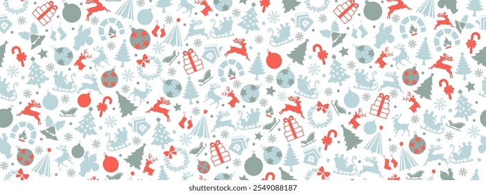 Christmas Seamless Pattern. Winter Holiday Background with Xmas Toy, Deer, Ball. Happy New Year Vector Ornament for Holiday Design. Xmas Seamless Colorful Repeat Template