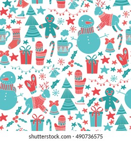 Christmas seamless pattern. Winter holiday doodle style hand drawn vector background. Christmas tree, deer, mittens, snowflake, snowman