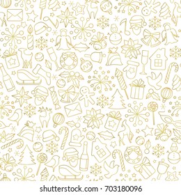Christmas seamless pattern from winter holiday objects.  White vector background with golden line art icons.