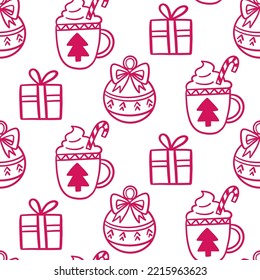 Patrón de Navidad sin Maravilla. Winter Holidays Decorative Endless Repeating Background con elementos de iconos de línea delgada. Ilustración vectorial para envolver papel, embalaje, impresión de tela imprimible.