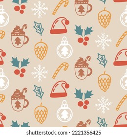 Christmas Seamless Pattern. Winter Holidays Decorative Endless Repeating Background with cute doodle elements. Vintage style Vector Illustration for wrapping paper, packaging, fabric printable print.