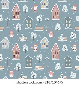 Christmas seamless pattern with winter houses, snowmen, Santa Claus, trees and other elements. Can be used for fabric, wrapping paper, scrapbooking, textile, poster, banner and other christmas design.