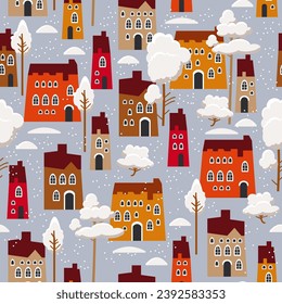Christmas seamless pattern with winter houses, trees and other elements.