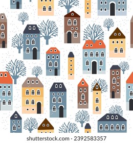 Christmas seamless pattern with winter houses, trees and other elements.
