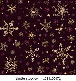 Christmas seamless pattern with winter motifs. Snowflakes and stars with different ornaments. 