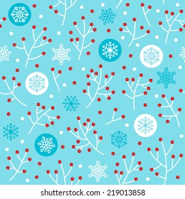 Christmas seamless pattern with winter motives (berries, snowflakes and balls). Perfect for wallpapers, pattern fills, web page backgrounds, surface textures, textile. 