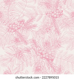 Christmas seamless pattern with winter plants. Vector botanical  illustration. Rowan, pine and spruce branches, cones. Pink  and white background. Sketch.