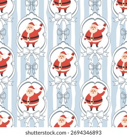 Christmas seamless pattern with winter Santa Claus in frames and bows. Retro festive background.