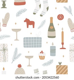 Christmas seamless pattern. Winter season symbols texture. Vector backdrop with traditional xmas attributes decorative.
