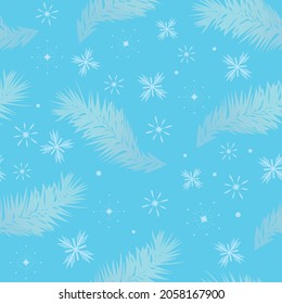 Christmas seamless pattern with winter pattern, snowflakes, fir branches, vector illustration in flat style on a blue background