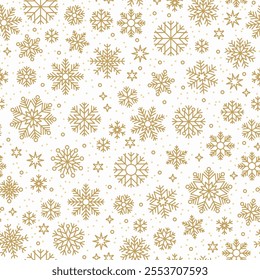 Christmas seamless pattern with winter snowflakes abstract background. Gold snowflakes. Stock Vector illustration. White background. Holiday design for Christmas and New Year fashion prints. 