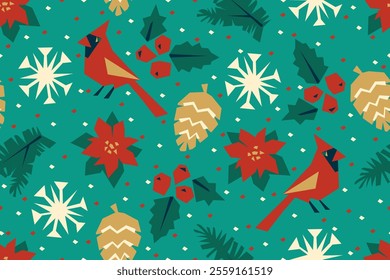 Christmas seamless pattern. Winter pattern with snowflakes, northern cardinal, pine cones, poinsettia, spruce branch and holly berries. Holiday print. Vector illustration.