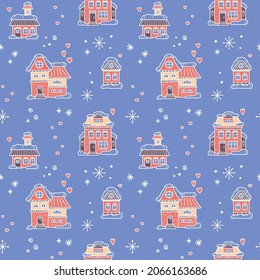 Christmas seamless pattern with winter town. Pink hand-drawn house and snowflake on a blue background