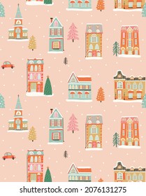 Christmas seamless pattern with winter town and houses 