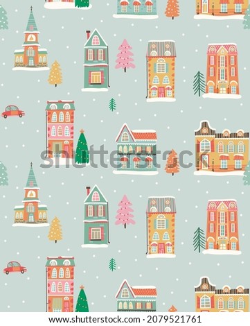 Christmas seamless pattern with winter town and houses 