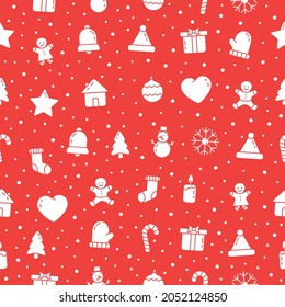 Christmas seamless pattern. Winter toys collection. New Year symbols wallpaper. Vector illustration isolated on red backdrop.