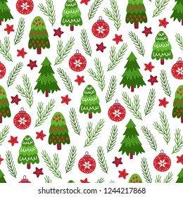 Christmas seamless pattern with winter trees, fir branches, balls and stars on white background. Perfect for holiday invitations, wrapping paper, greeting cards.