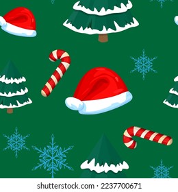 Christmas Seamless pattern winth Snowflake, Sant Hat, Pine Tree and Snowman. Winter Holiday Vector background.