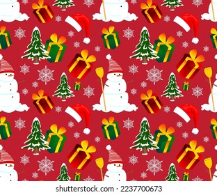 Christmas Seamless pattern winth Snowflake, Sant Hat, Pine Tree and Snowman. Winter Holiday Vector background.