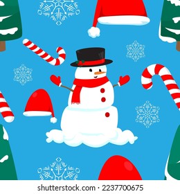 Christmas Seamless pattern winth Snowflake, Sant Hat, Pine Tree and Snowman. Winter Holiday Vector background.