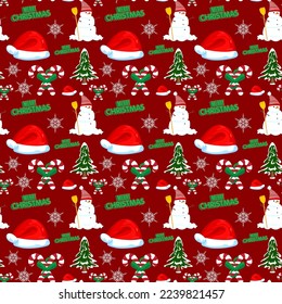 Christmas Seamless pattern winth Snowflake, Sant Hat, Pine Tree and Snowman. Winter Holiday Vector background.