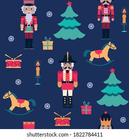 Christmas seamless pattern wiyj nutcrackers, trees, toys, gifts, snowfakes and candels. Vector illustration. 