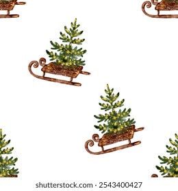 Christmas seamless pattern wooden sleds Christmas trees and lights on a white background